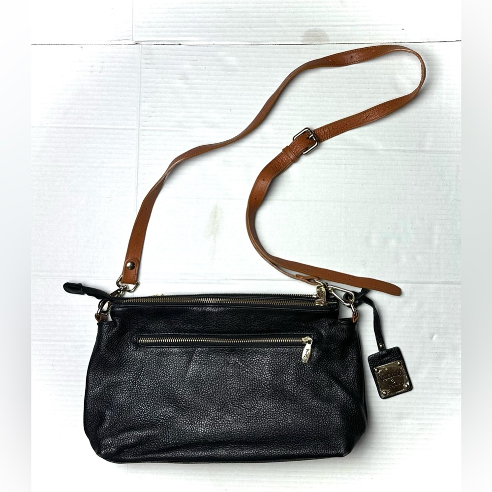 Valentina Italian Black‎ Pebbled Leather Triple Entry Crossbody Shoulder Bag Zip